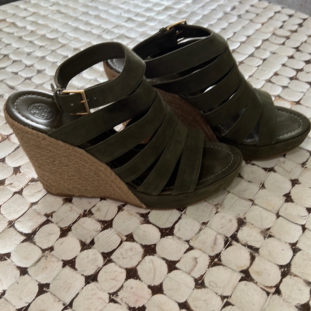 Tory Burch Olive Green Suede Espadrille Wedge Sandals